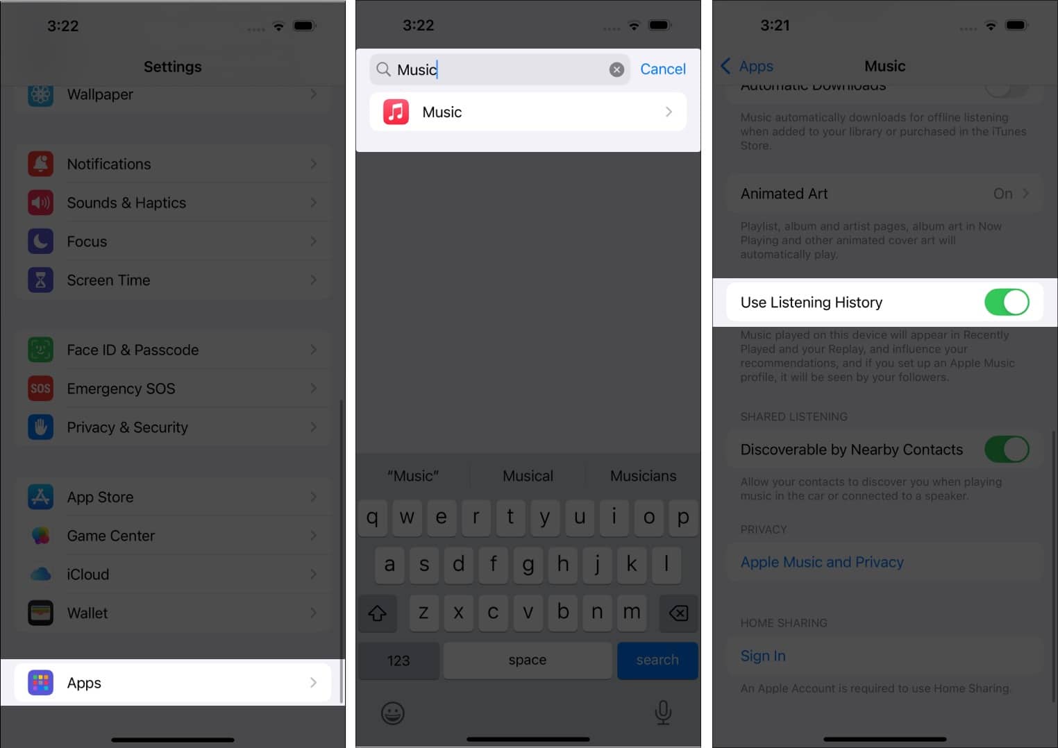 Turning on the Use Listening History feature for Apple Music on an iPhone.