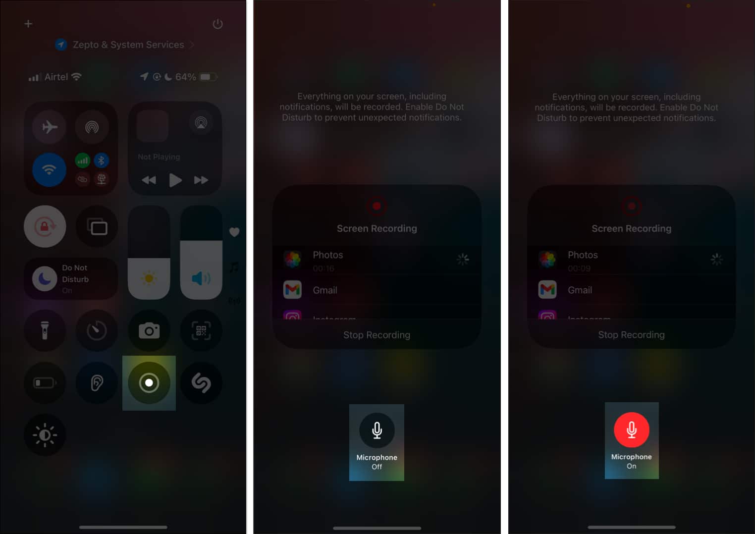 Turning on Microphone to record screen with audio from Control Center.