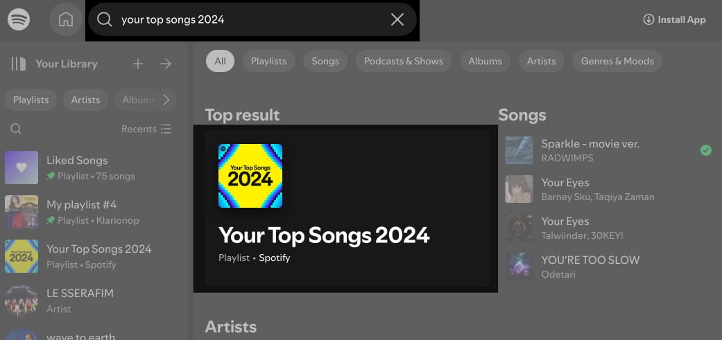 Your Top Songs 2024 playlist on the Spotify app on a Mac.