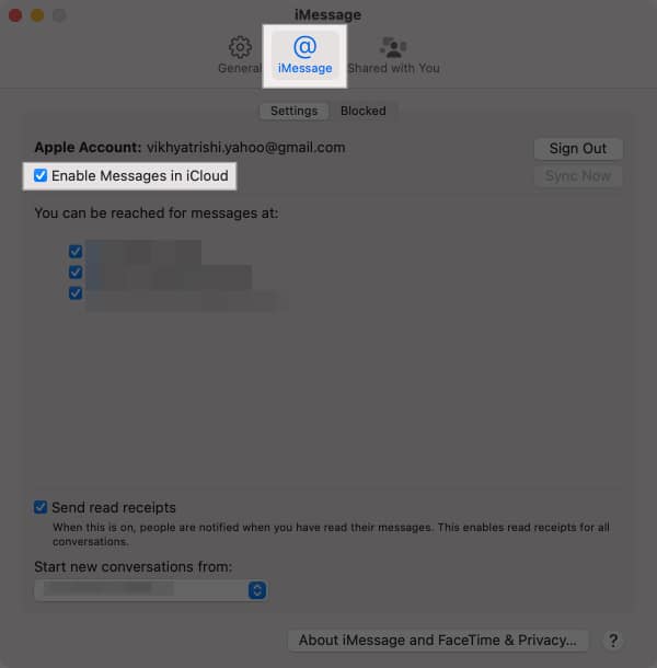 iMessage tab in the Messages app settings.