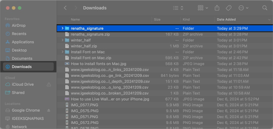 Unzipped folder for the downloaded font ZIP file on a Mac.
