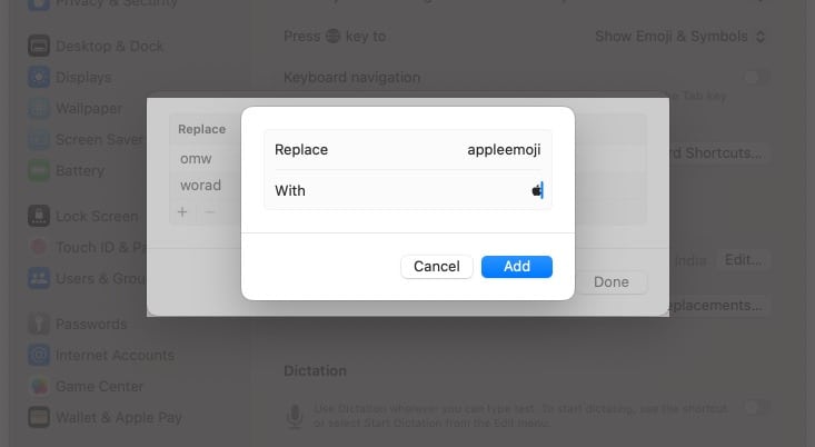 Setting up a Text Replacement for entering Apple logo on a Mac.