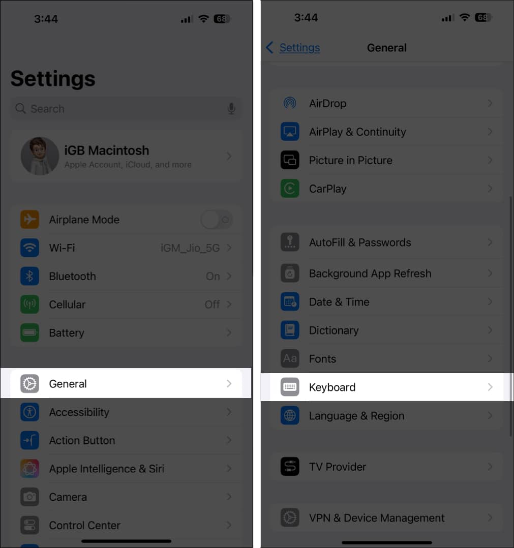 Accessing Keyboard settings on an iPhone.