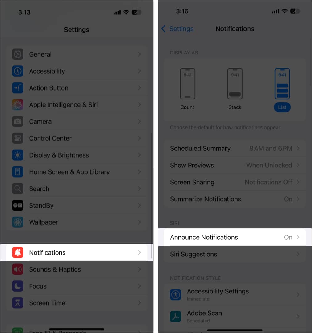 Accessing Announce Notifications from Notifications settings on an iPhone.