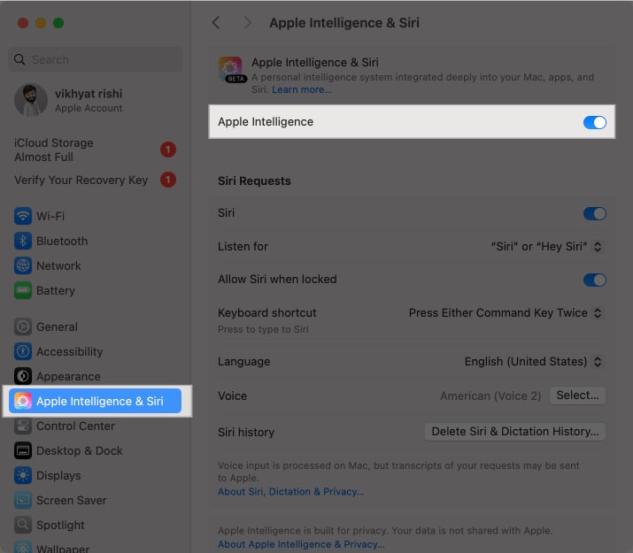 Toggling off Apple Intelligence in macOS System Settings app.