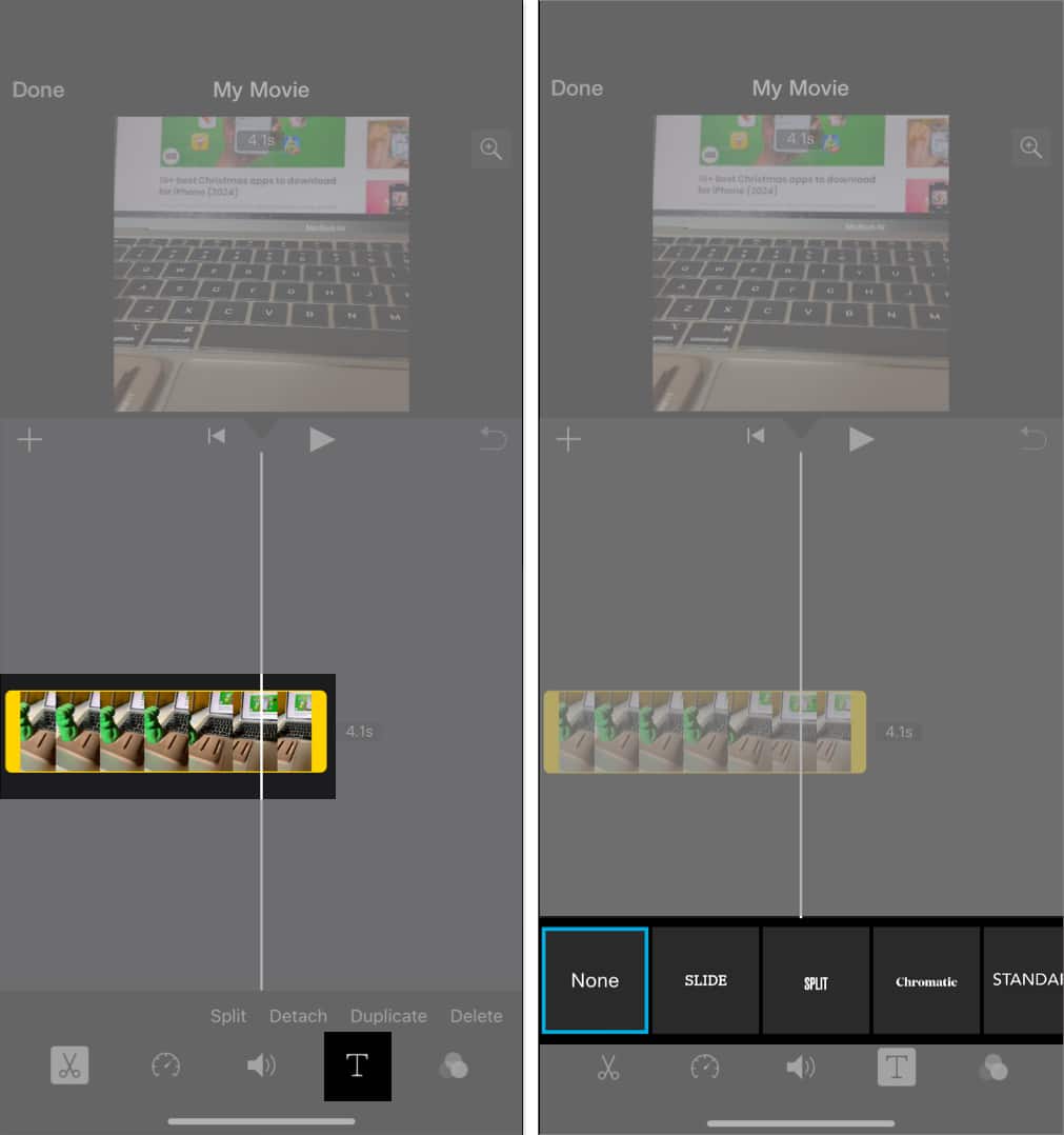 Accessing editing tools in iMovie app on iPhone.