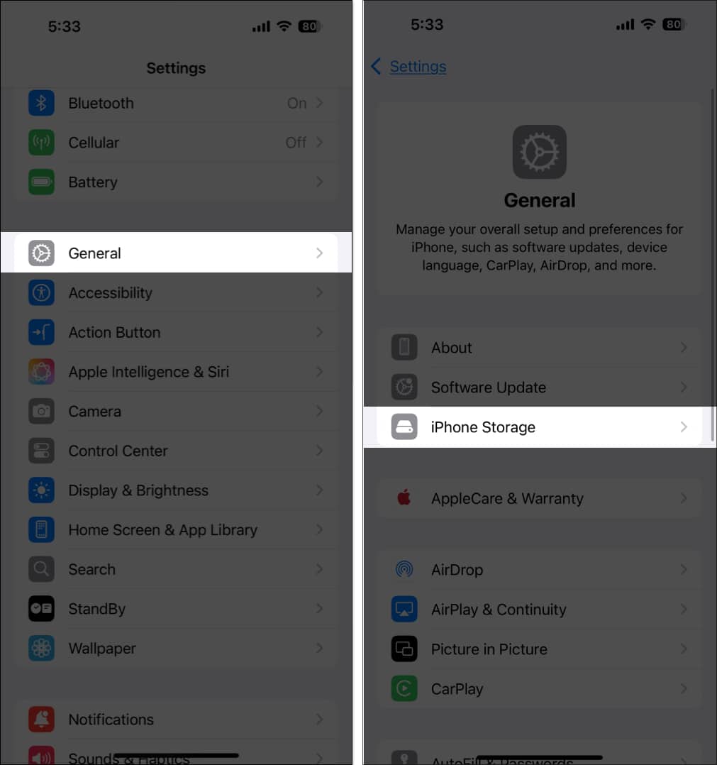 Accessing iPhone storage from settings app on iPhone.