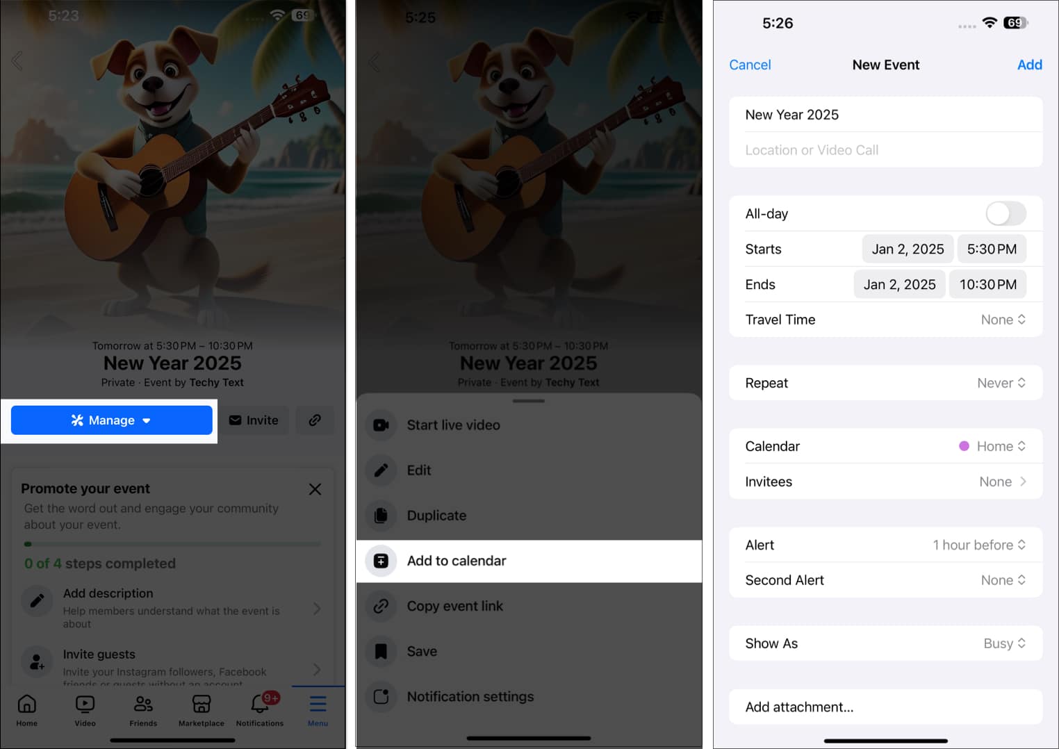Adding Facebook event on your iPhone calendar.