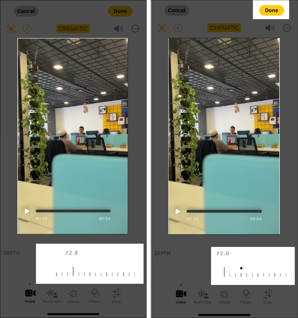 Changing focus to blur background of a cinematic video on the iPhone Photos app.