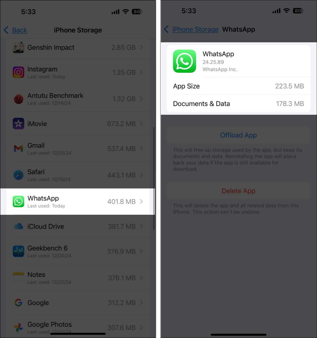 Checking Whatsapp storage from iPhone settings app.