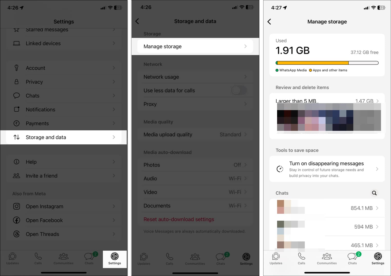 Checking Whatsapp storage usage from Whatsapp app on iPhone.