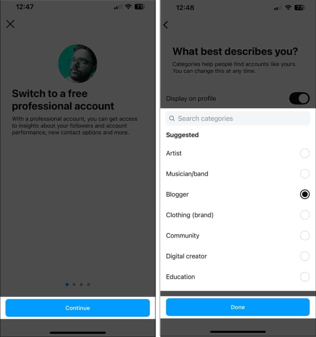Choosing a category for a professional Instagram account on an iPhone.