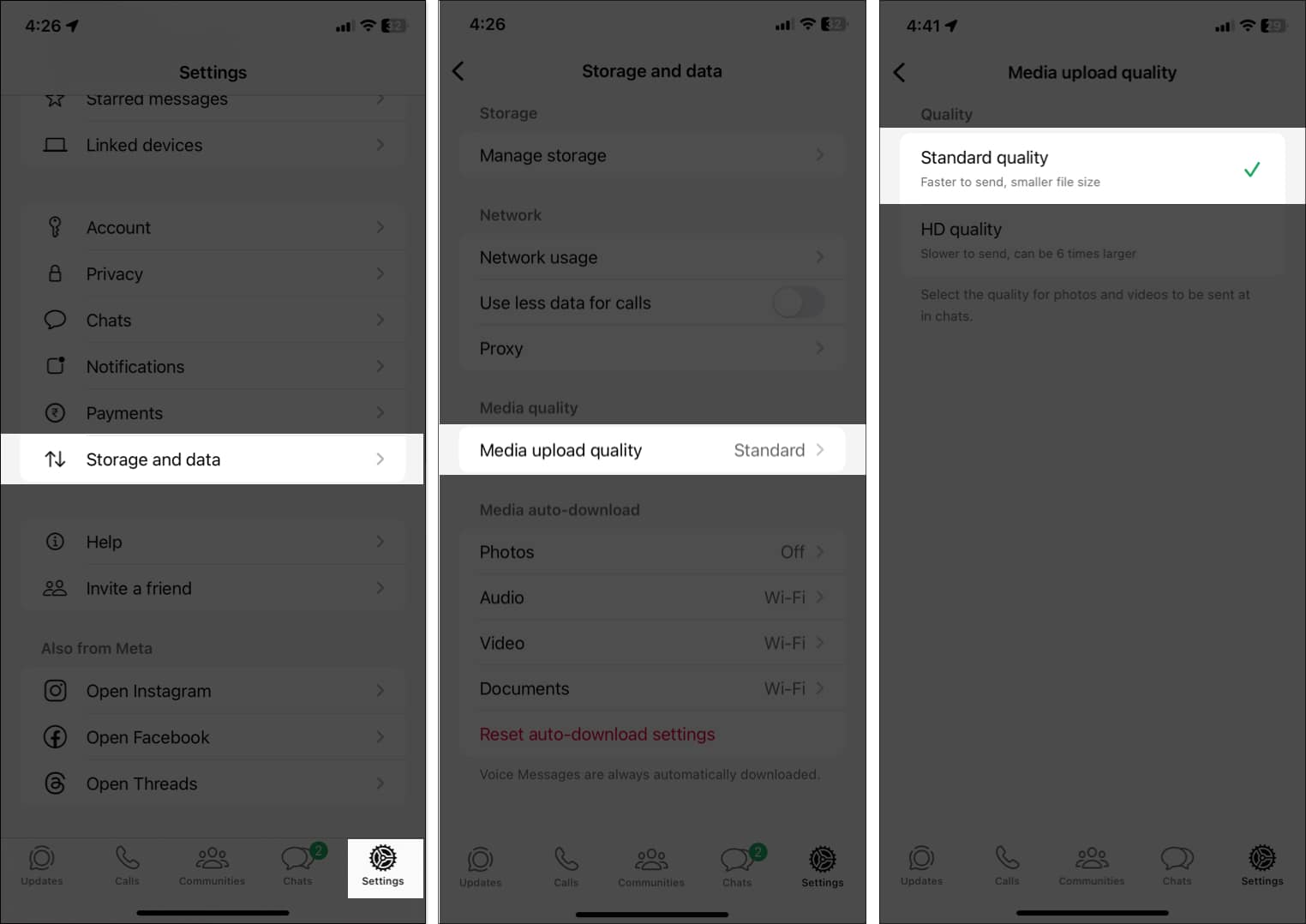Choosing Standard quality for media upload quality in Storage and data WhatsApp settings on iPhone.