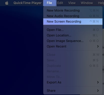 Click on File from the menu bar and select New Screen Recording after opening QuickTime player on Mac.