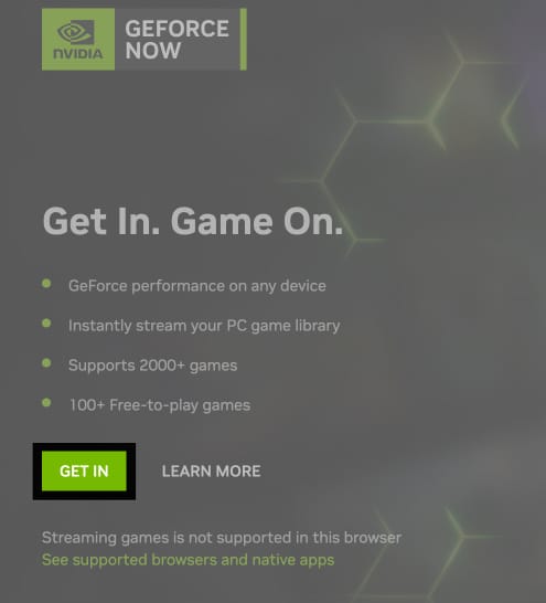 Get In button to sign in on GeForce Now.