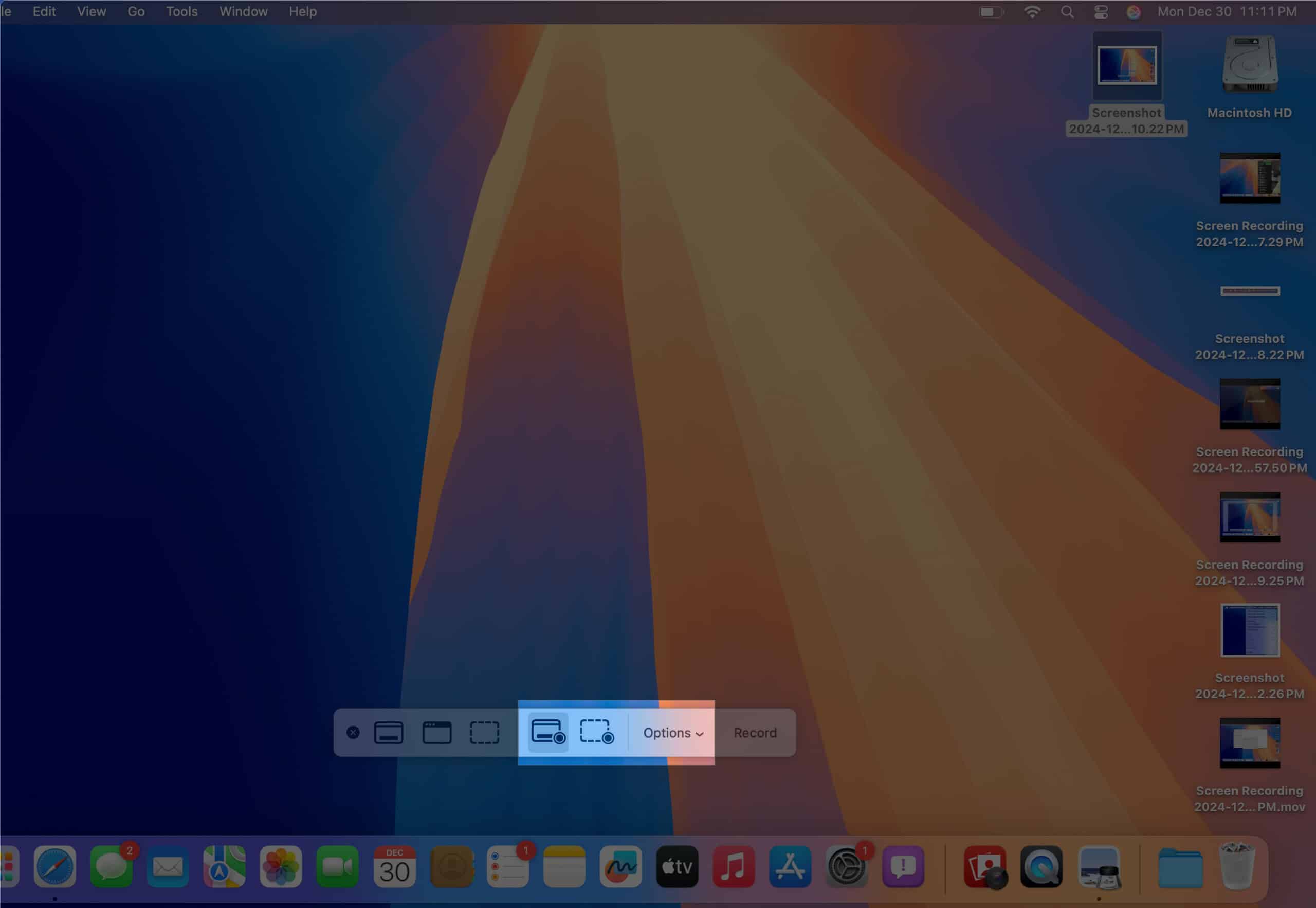 Click on Options from the screenshot panel on Mac.