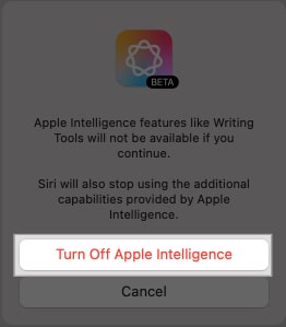 Confirming turning off Apple Intelligence on an Mac.