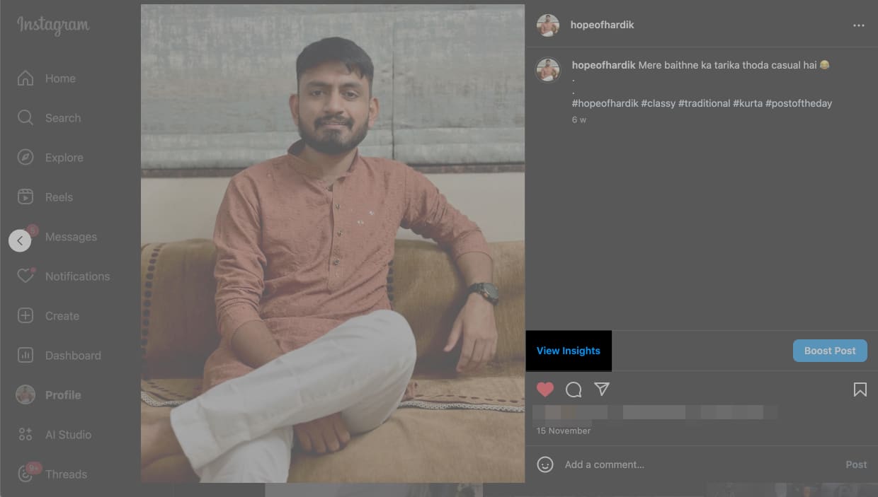 View Insights button on the Instagram website on a desktop.