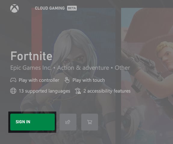 Sign in button on the Xbox Cloud Gaming website.