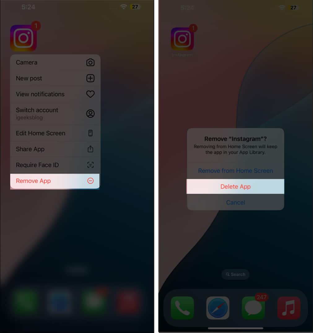 Deleting Instagram app from an iPhone.