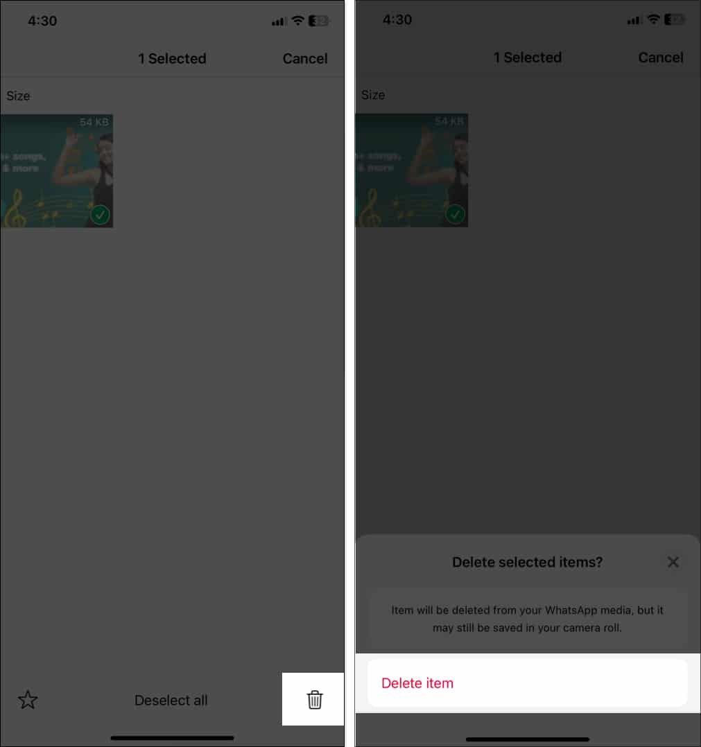 Deleting media files from WhatsApp settings on iPhone.
