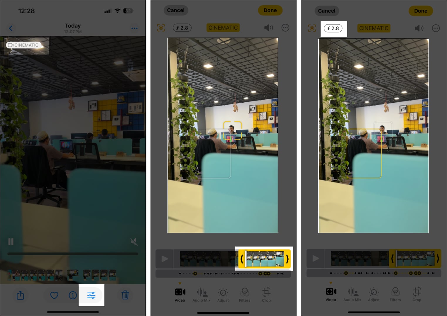 Editing a cinematic video in the Photos app on an iPhone.