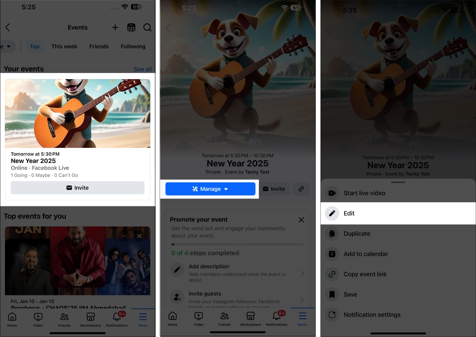 Editing existing Facebook event on iPhone.