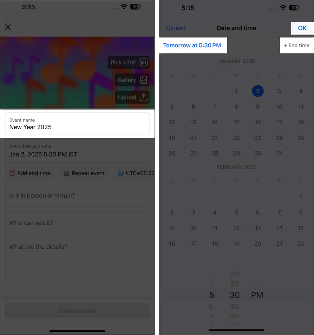 Entering event name and add start and end time.