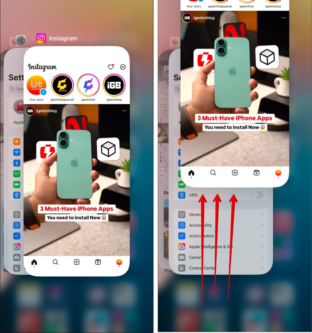 Force quitting the Instagram app on an iPhone.