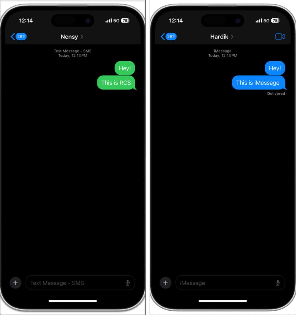 Green and blue message bubble in the Messages app on an iPhone.