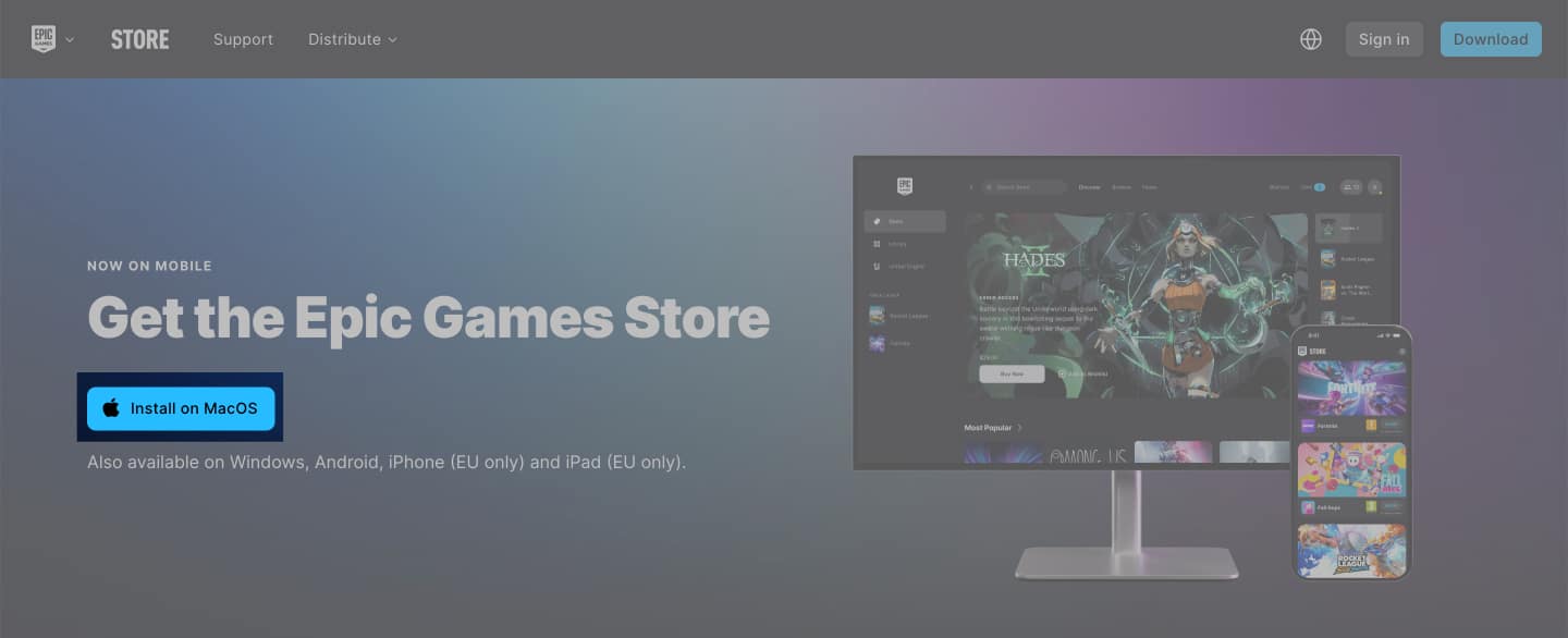 Install on macOS button to install the Epic Games launcher on a Mac.
