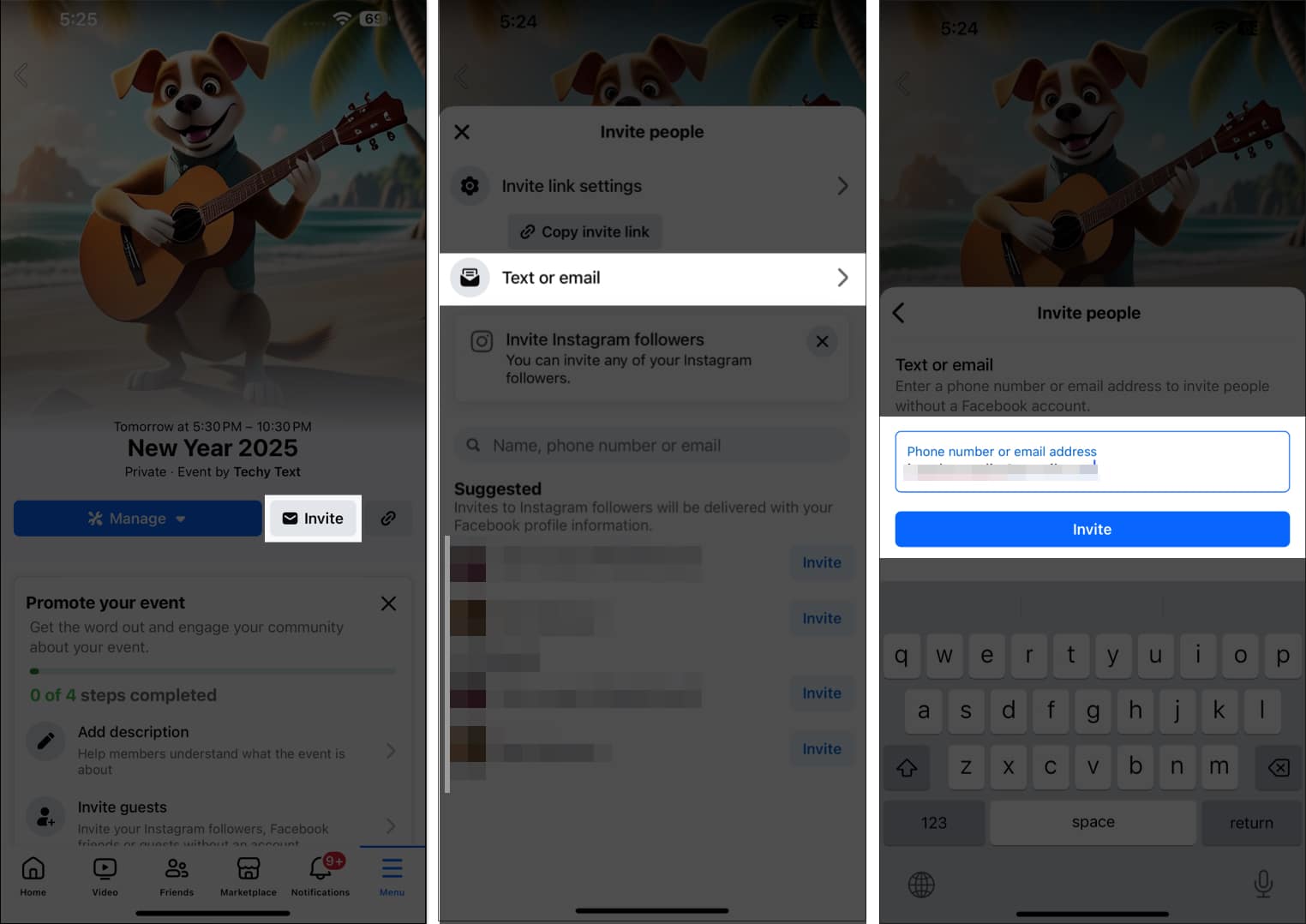Inviting friends to facebook event on iPhone.