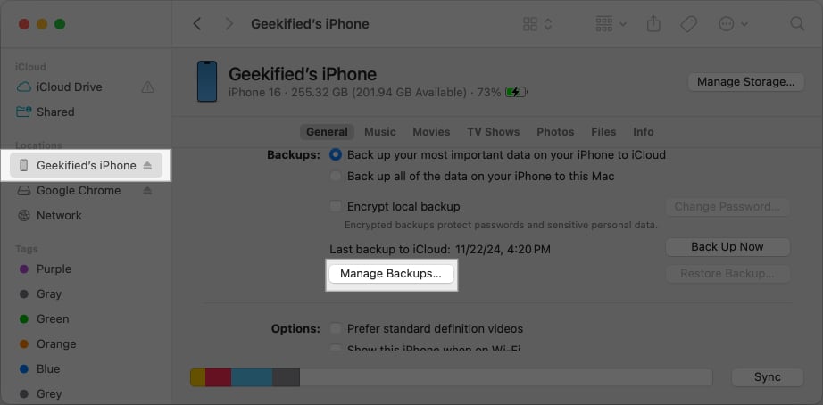 Managing iPhone backup from Mac.