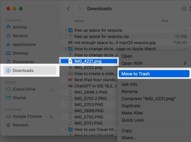 Moving files to trash from Downloads folder on Mac.