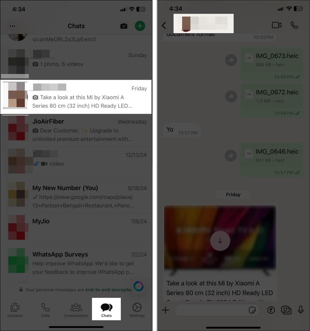 Open WhatsApp chat on iPhone.