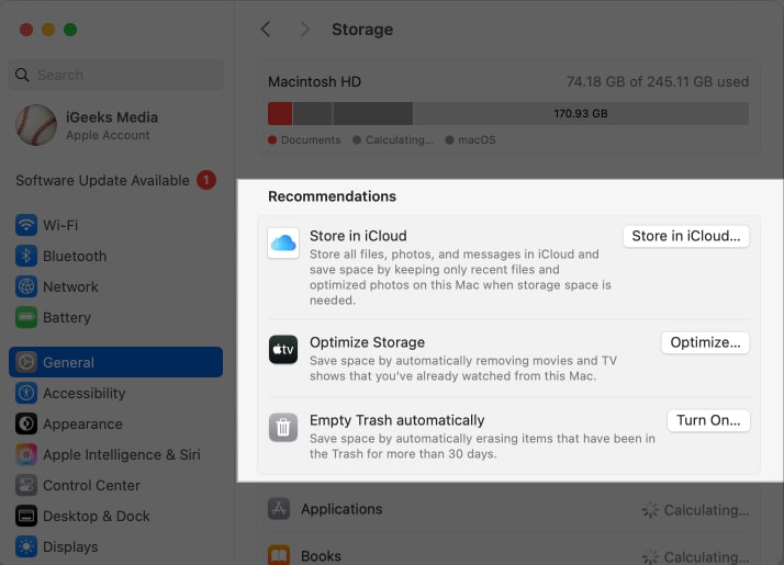 Optimizing storage from macOS settings app.
