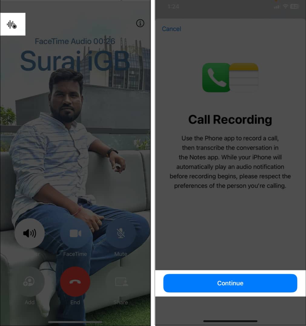 Recording FaceTime audio call on iPhone.