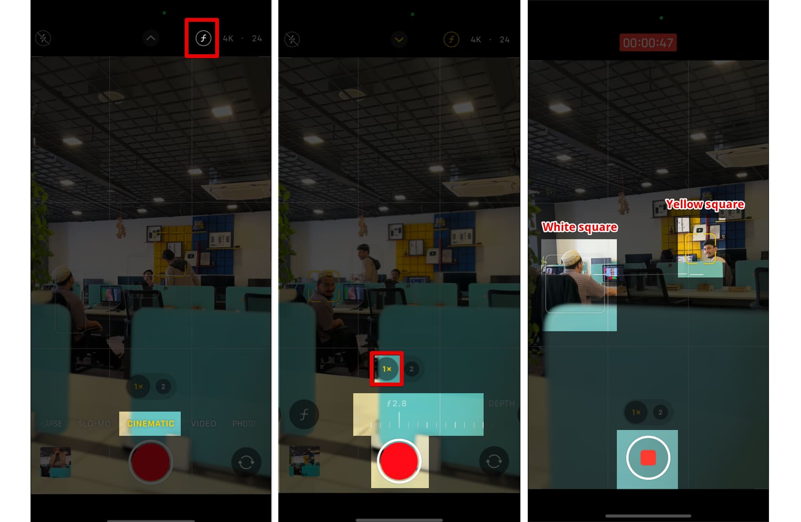 Recording a video in Cinematic mode on an iPhone.