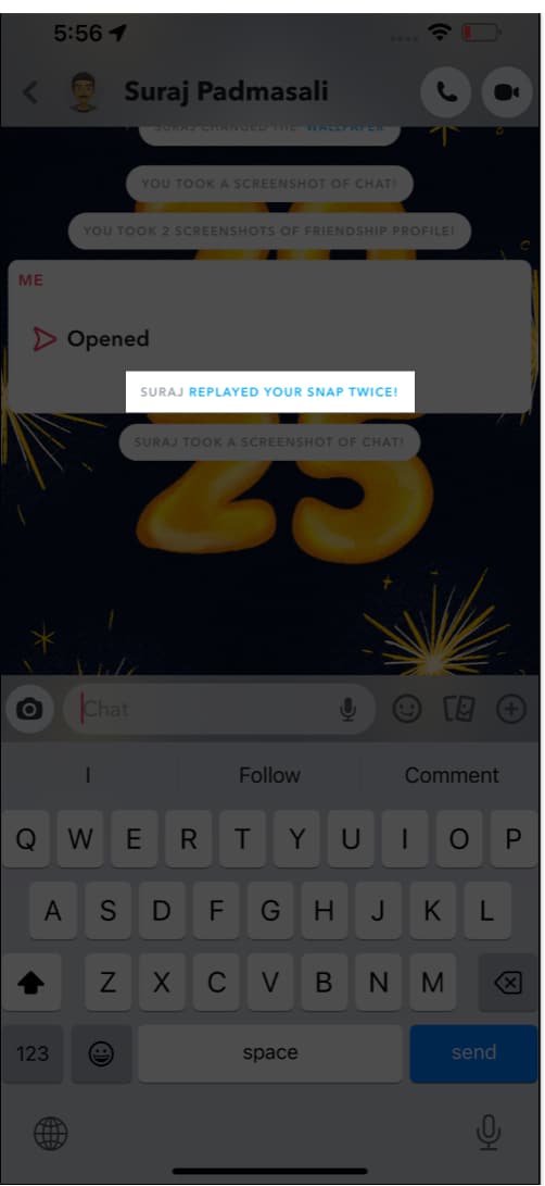 Replay snap notification in Snapchat app on iPhone.