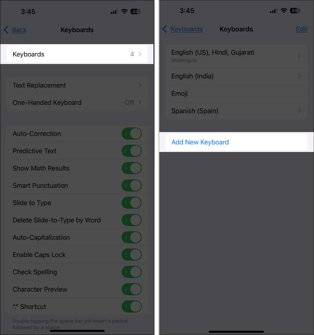 Accessing the Add New Keyboard option in iPhone Settings.