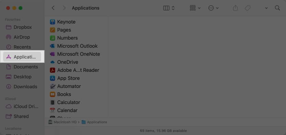 Select Applications from left pane of Finder.