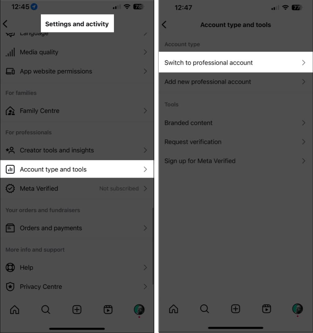 Switching to a professional account in the Instagram settings page on an iPhone.