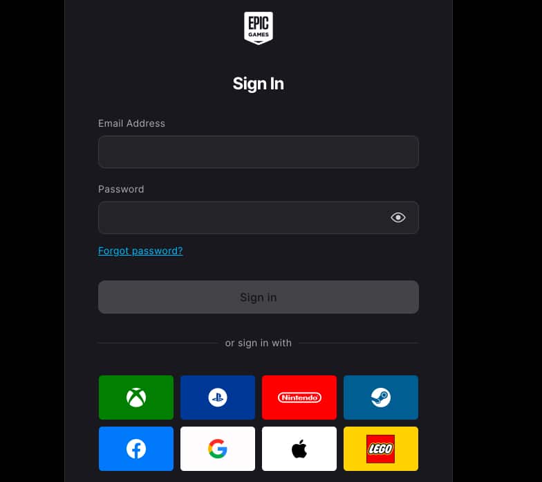Signing in to an Epic Games account.