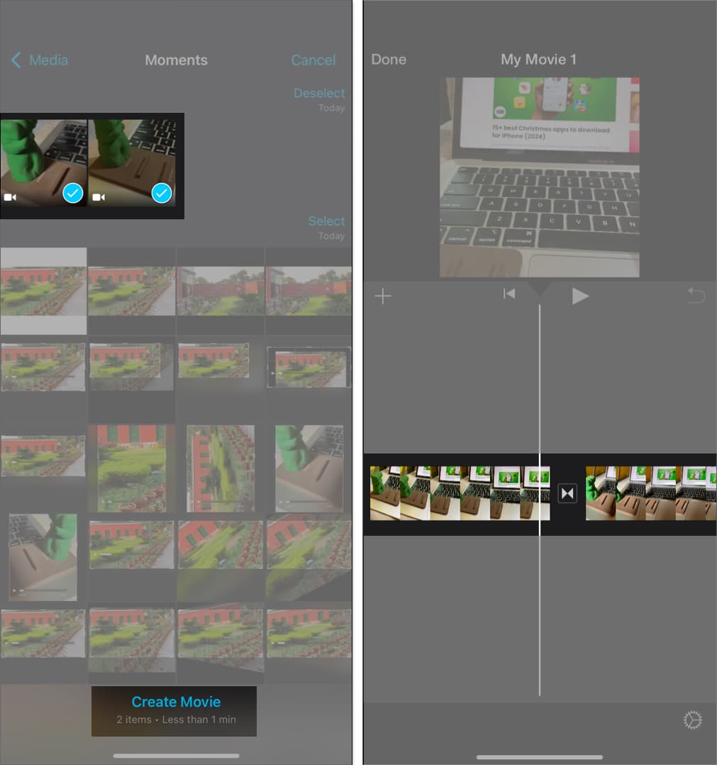 Tap on Create Movie after selecting two videos in iMovie app.
