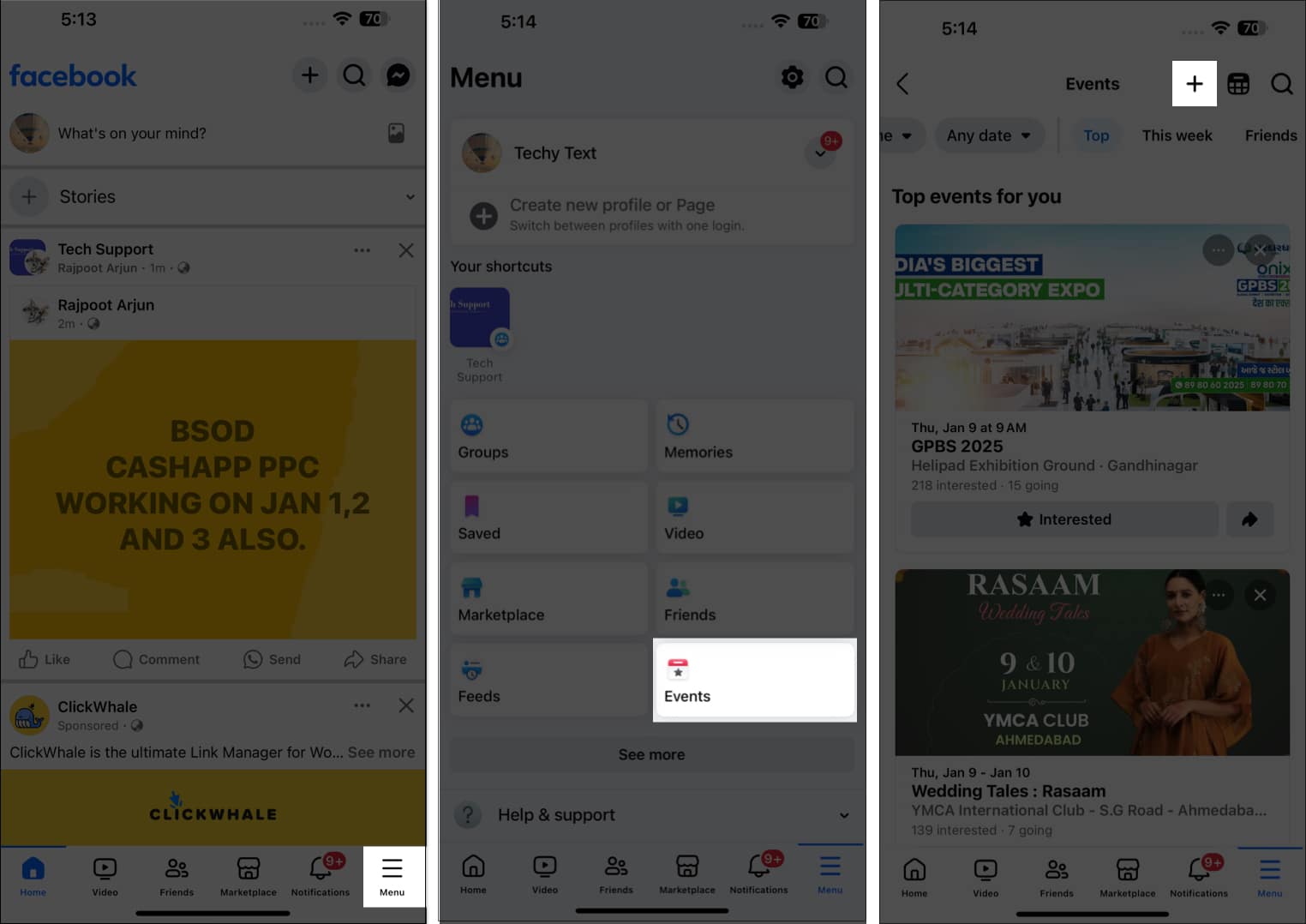 Tap on hamburger icon and select event on Facebook.