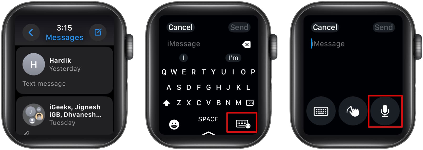 Switching to the dictation mode in the Messages app on an Apple Watch.