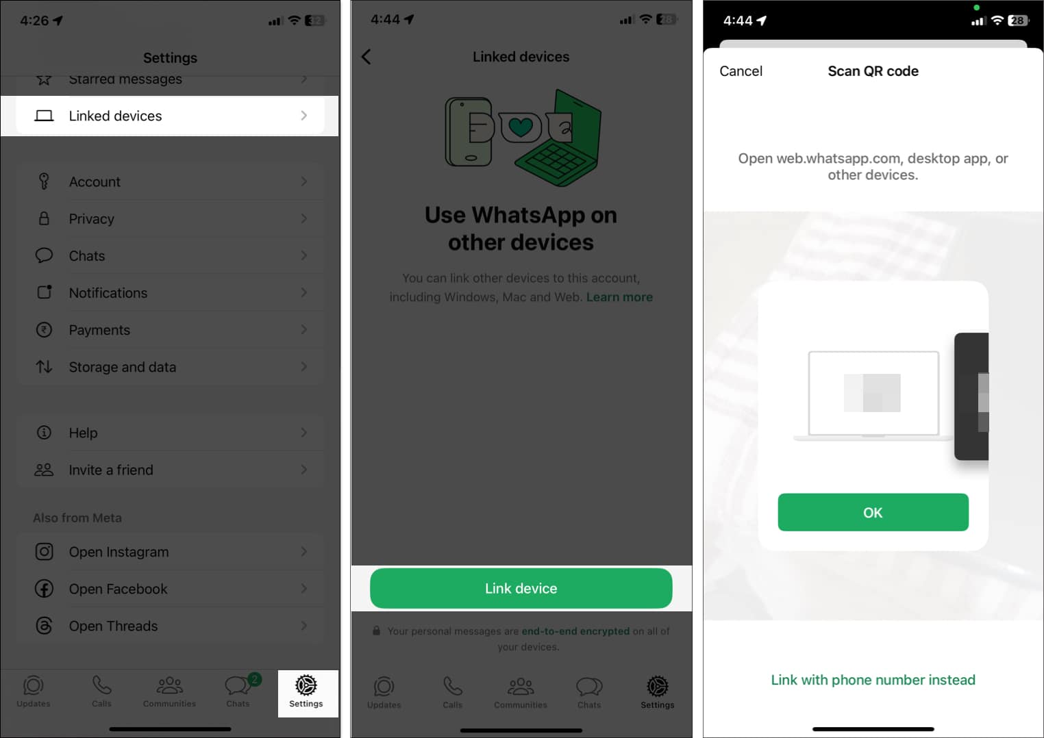 Tap on Linked devices in WhatsApp settings on iPhone.