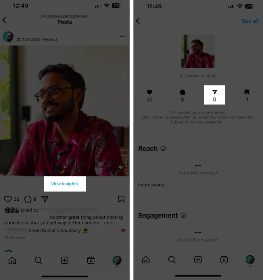 Checking insights for an Instagram post on the iPhone.