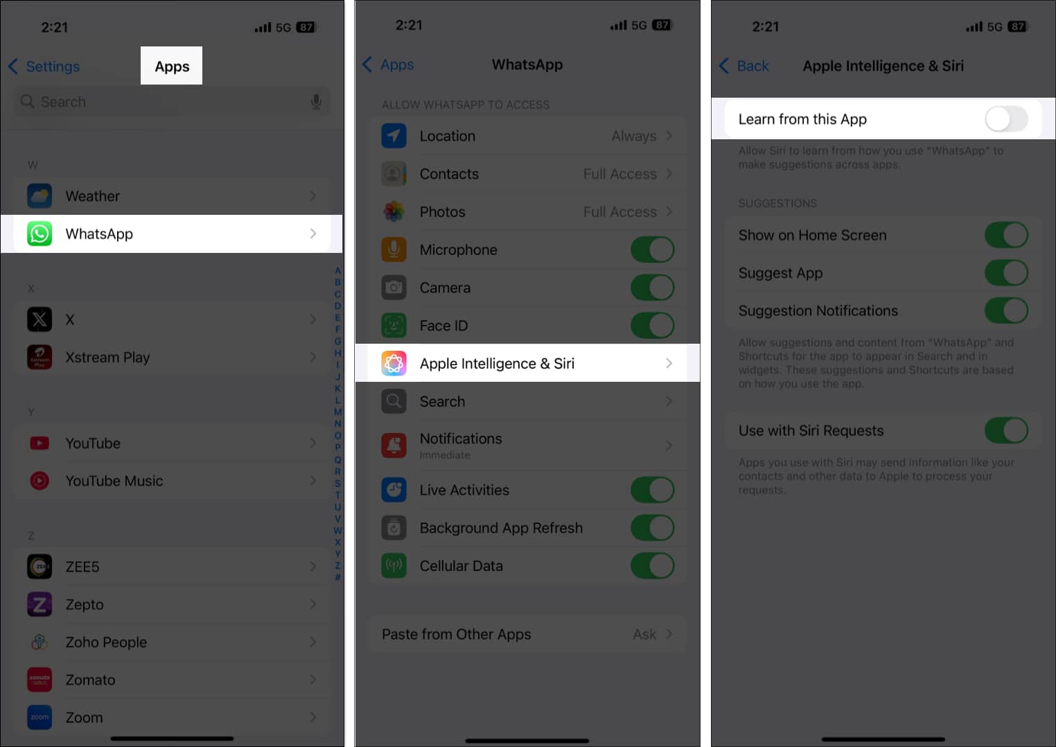 Preventing Apple Intelligence from learning usage habits in WhatsApp on an iPhone.