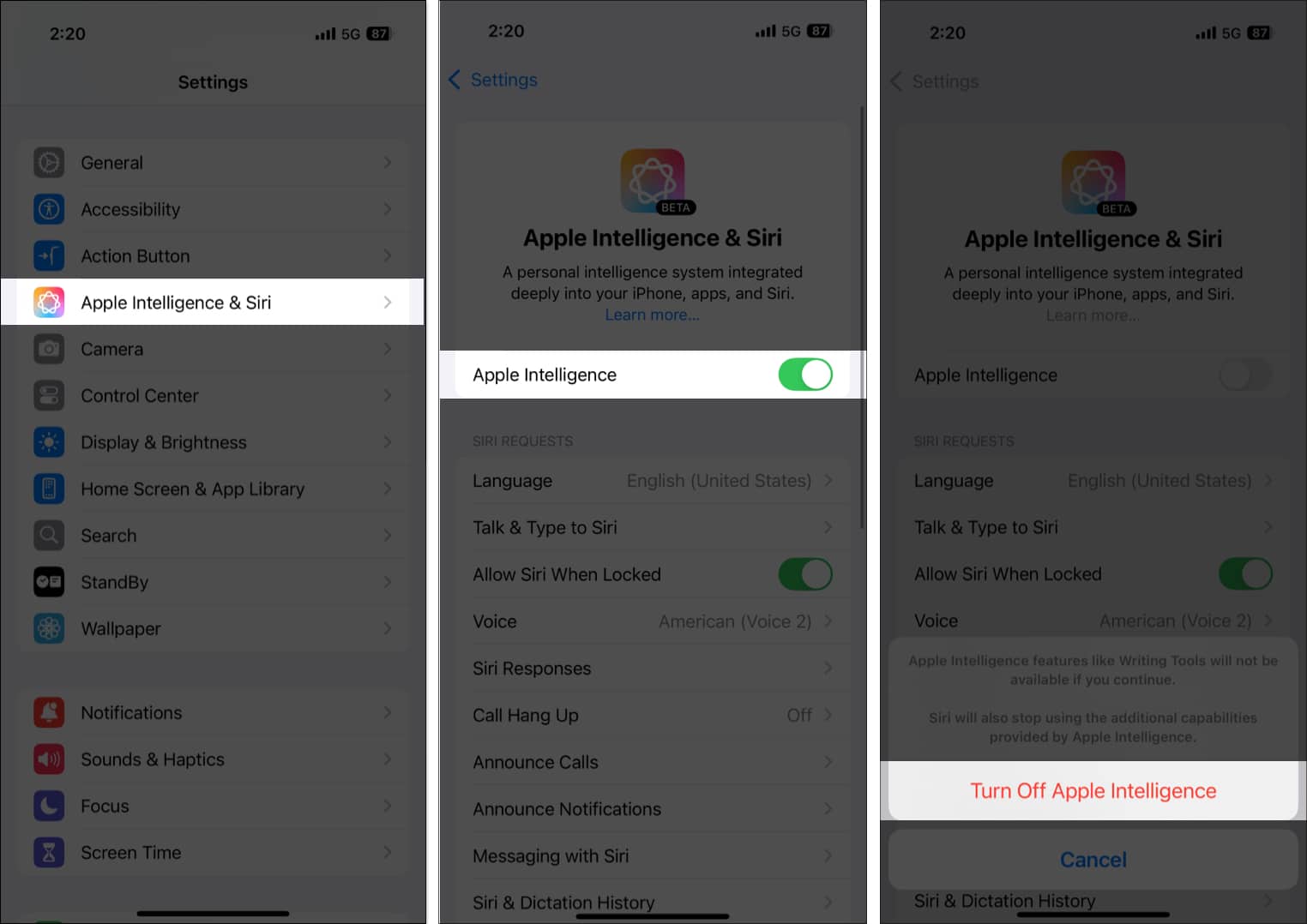 Toggling off Apple Intelligence in the iPhone Settings app.